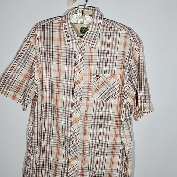 Timberland Men's Shirt Beige/Orange/Brown 100% Cotton Short Sleeve Button Up L - Picture 2 of 10